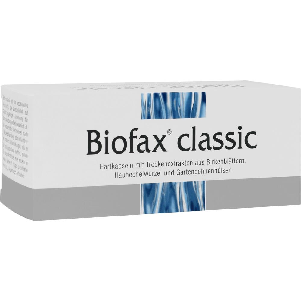 Eine Schachtel mit Biofax Classic Kapseln aus Pflanzenteilen.