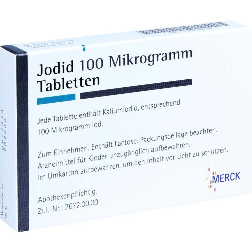 Eine Packung Jodid 100 Mikrogramm Tabletten von Merck.