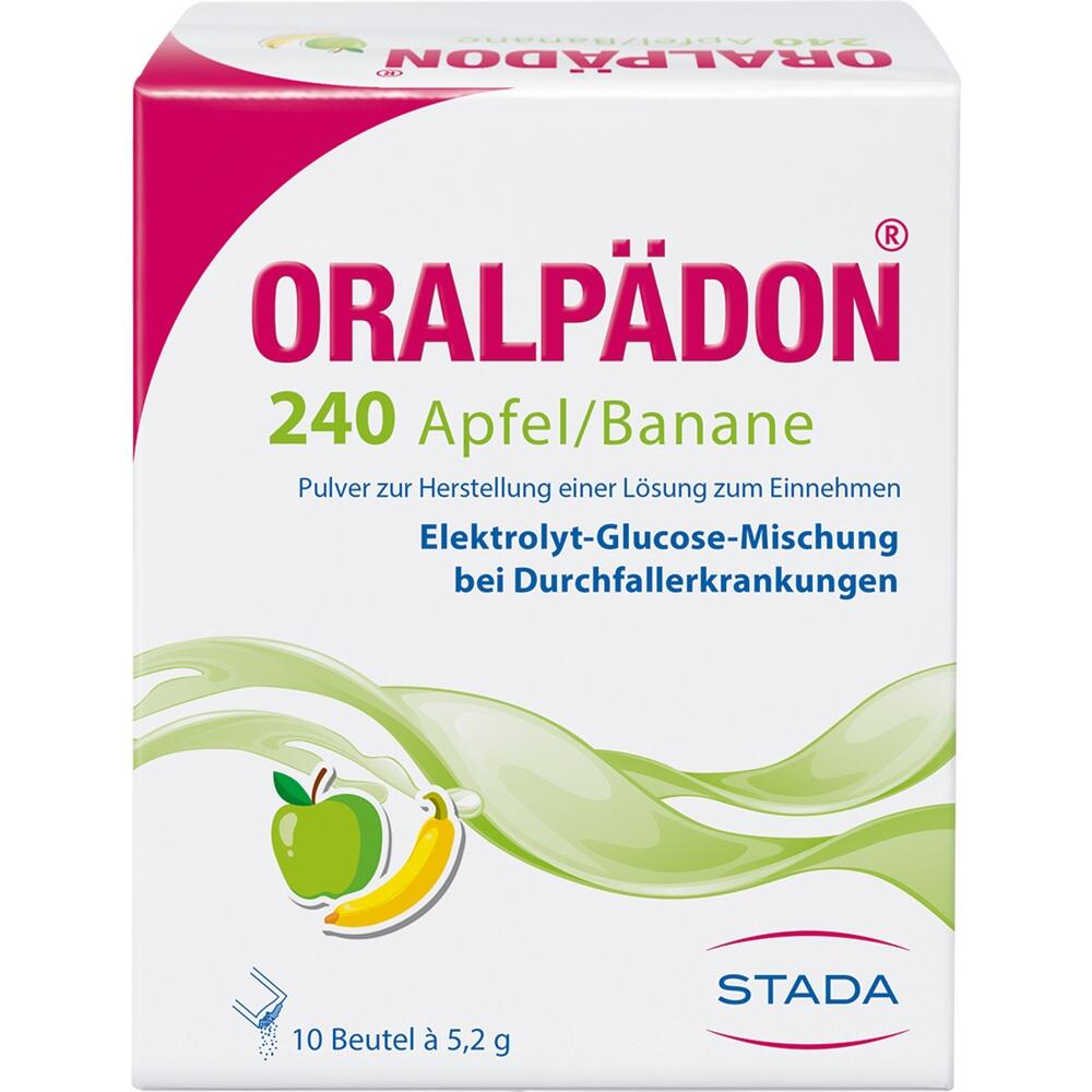 Verpackung von Oralp&auml;don mit Apfel-Banane-Geschmack zur Behandlung von Durchfall.
