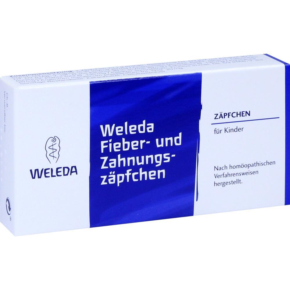 Blaue Packung mit der Aufschrift "Weleda Fieber- und Zahnungsz&auml;pfchen f&uuml;r Kinder".