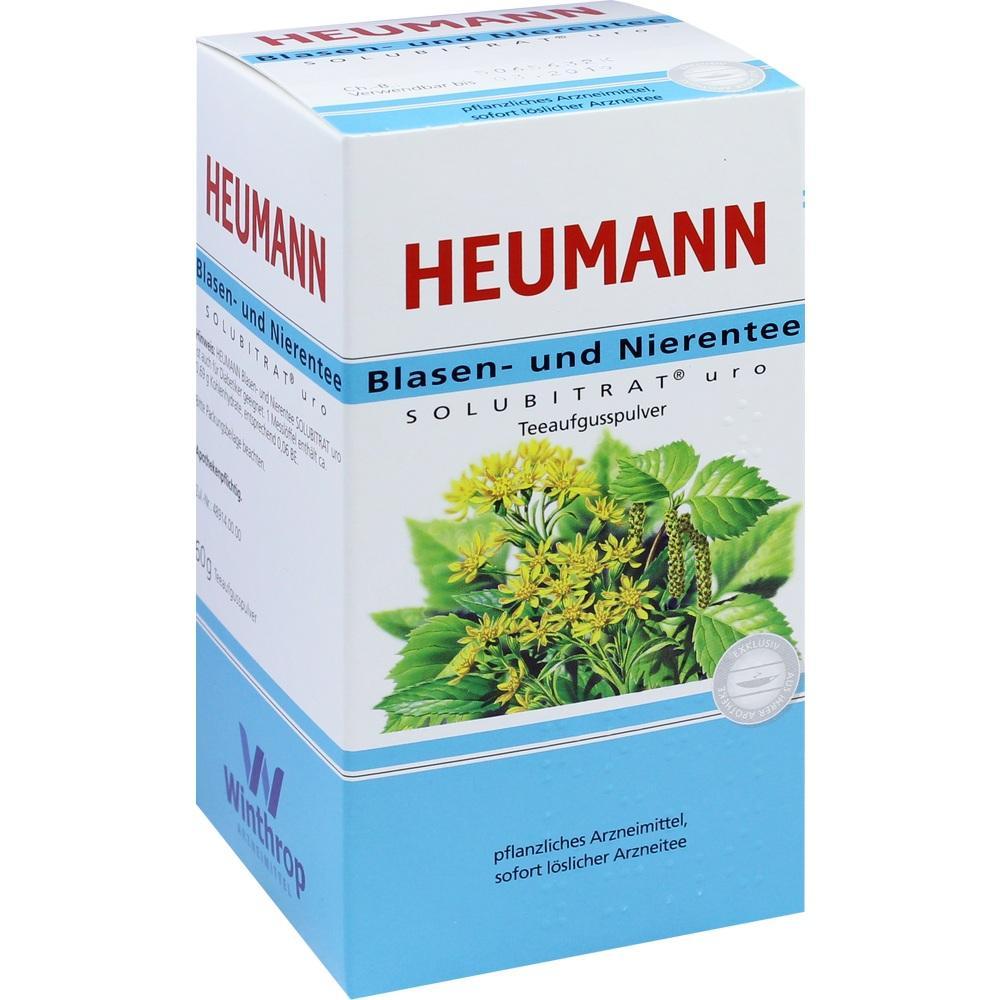 Eine Packung Blasen- und Nierentee von Heumann mit gr&uuml;nem Pflanzendesign.