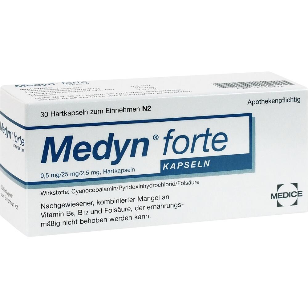 Eine wei&szlig;e Packung Medyn forte Kapseln zur Behandlung von Vitaminmangel.