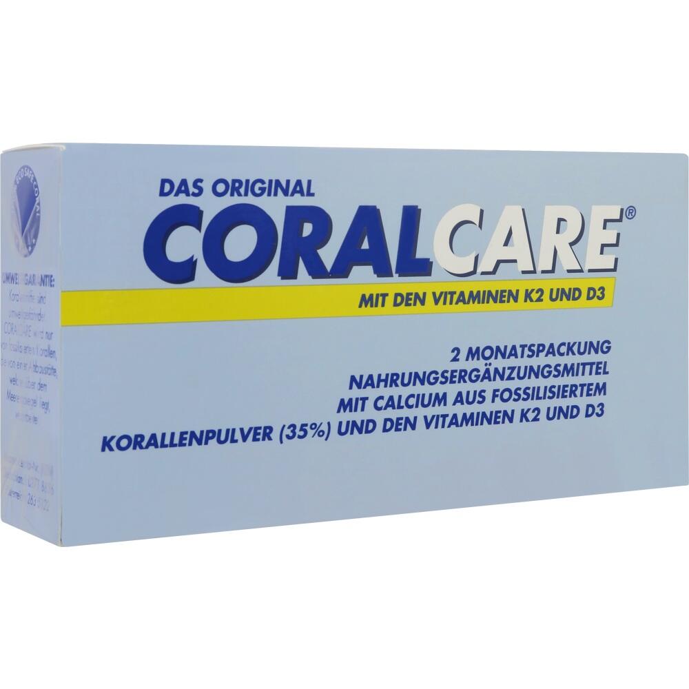 Blaue Verpackung vom Nahrungserg&auml;nzungsmittel Coralcare mit Vitaminen K2 und D3.
