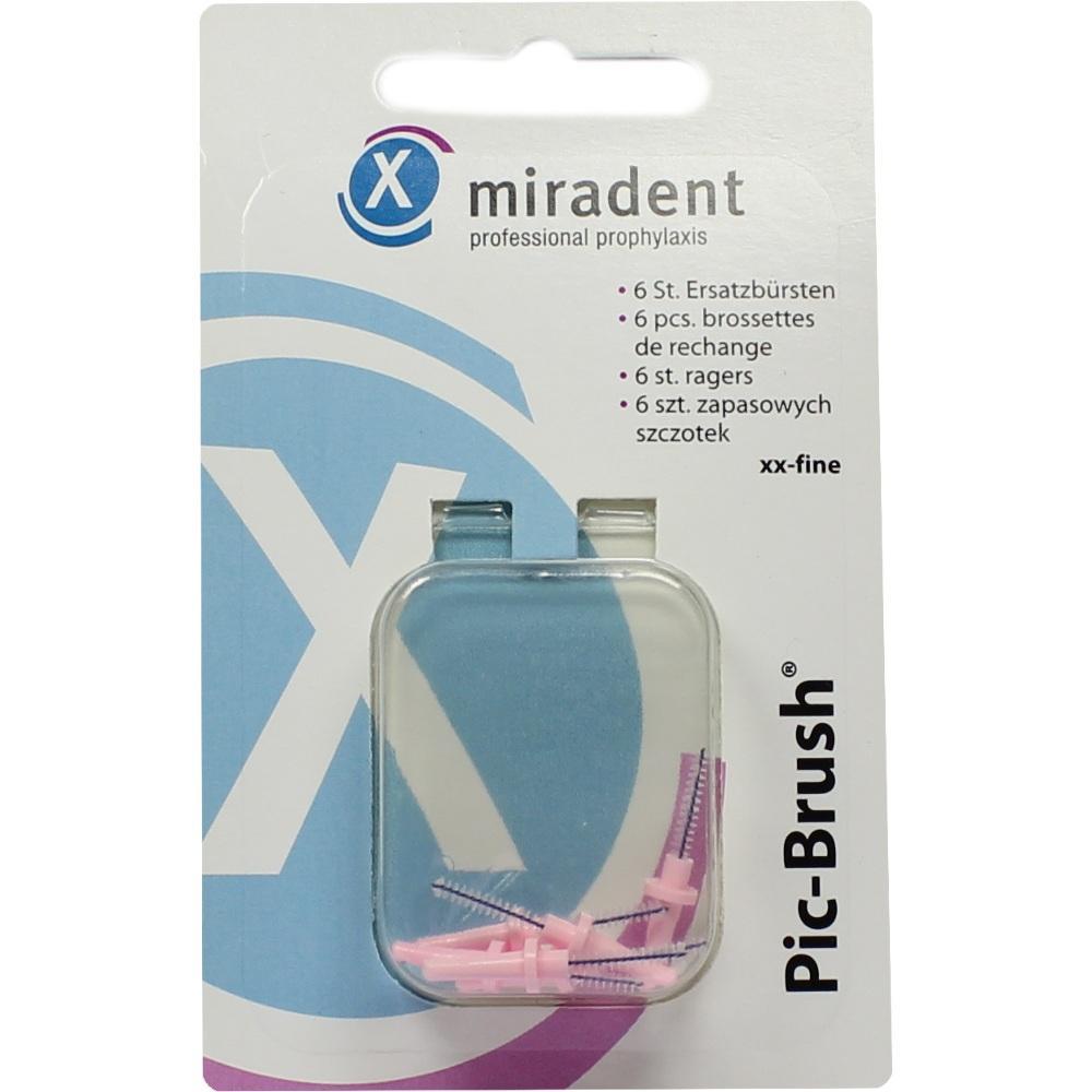 Verpackung mit sechs kleinen pinken B&uuml;rsten f&uuml;r Zahnreinigung.