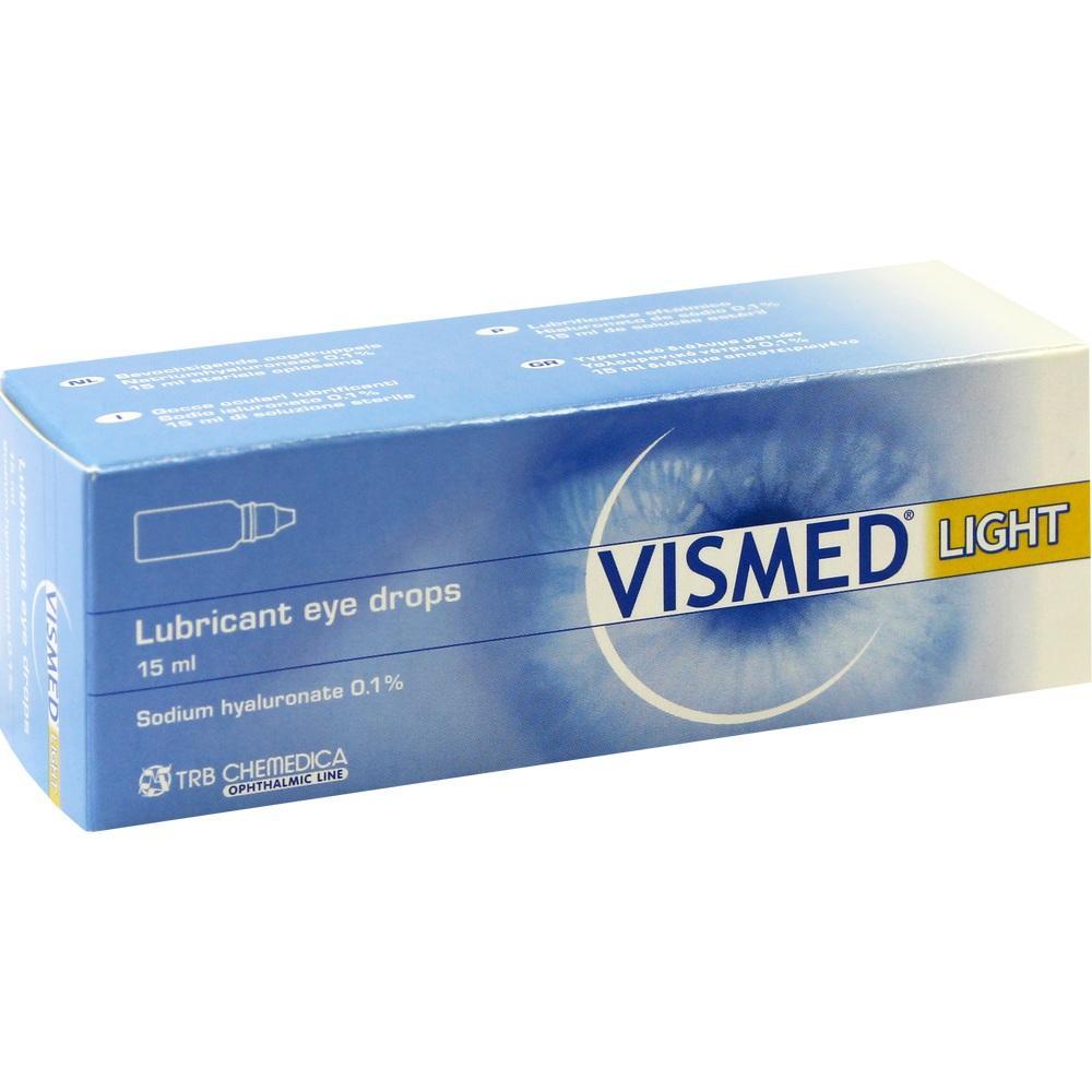Blaue Packung mit dem Aufdruck "Vismed Light" f&uuml;r Augentropfen.