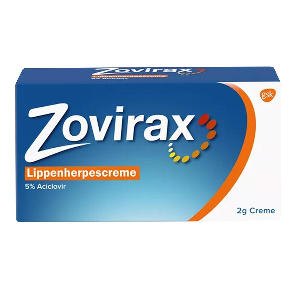 Blaue Packung einer Lippenherpescreme mit dem Namen Zovirax.