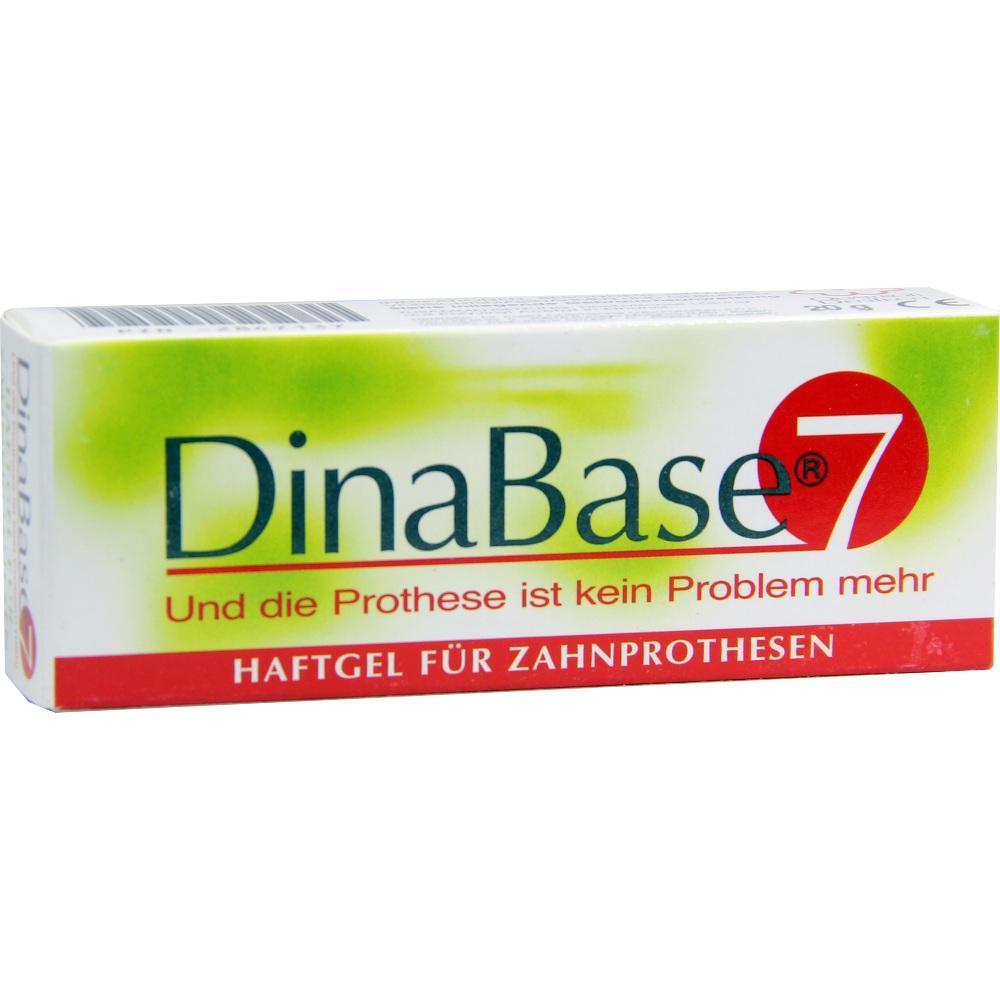 Eine Verpackung mit Haftgel f&uuml;r Zahnprothesen namens "DinaBase 7".