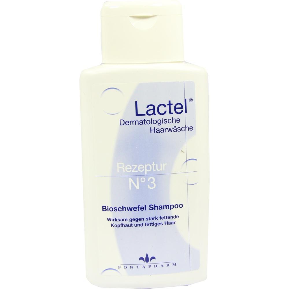 Wei&szlig;e Shampooflasche mit der Aufschrift "Lactel Bioschwefel Shampoo".