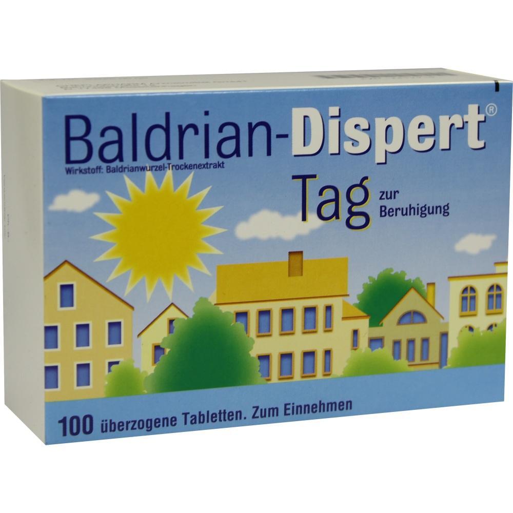 Schachtel mit Baldrian-Dispert-Tabletten zur Beruhigung, zeigt H&auml;user und die Sonne.