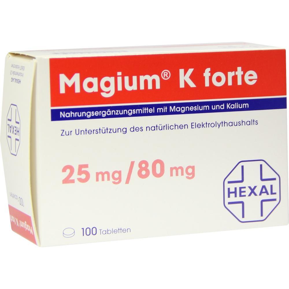Schachtel mit Nahrungserg&auml;nzungstabletten, Magium K forte, 25 mg/80 mg, von Hexal.