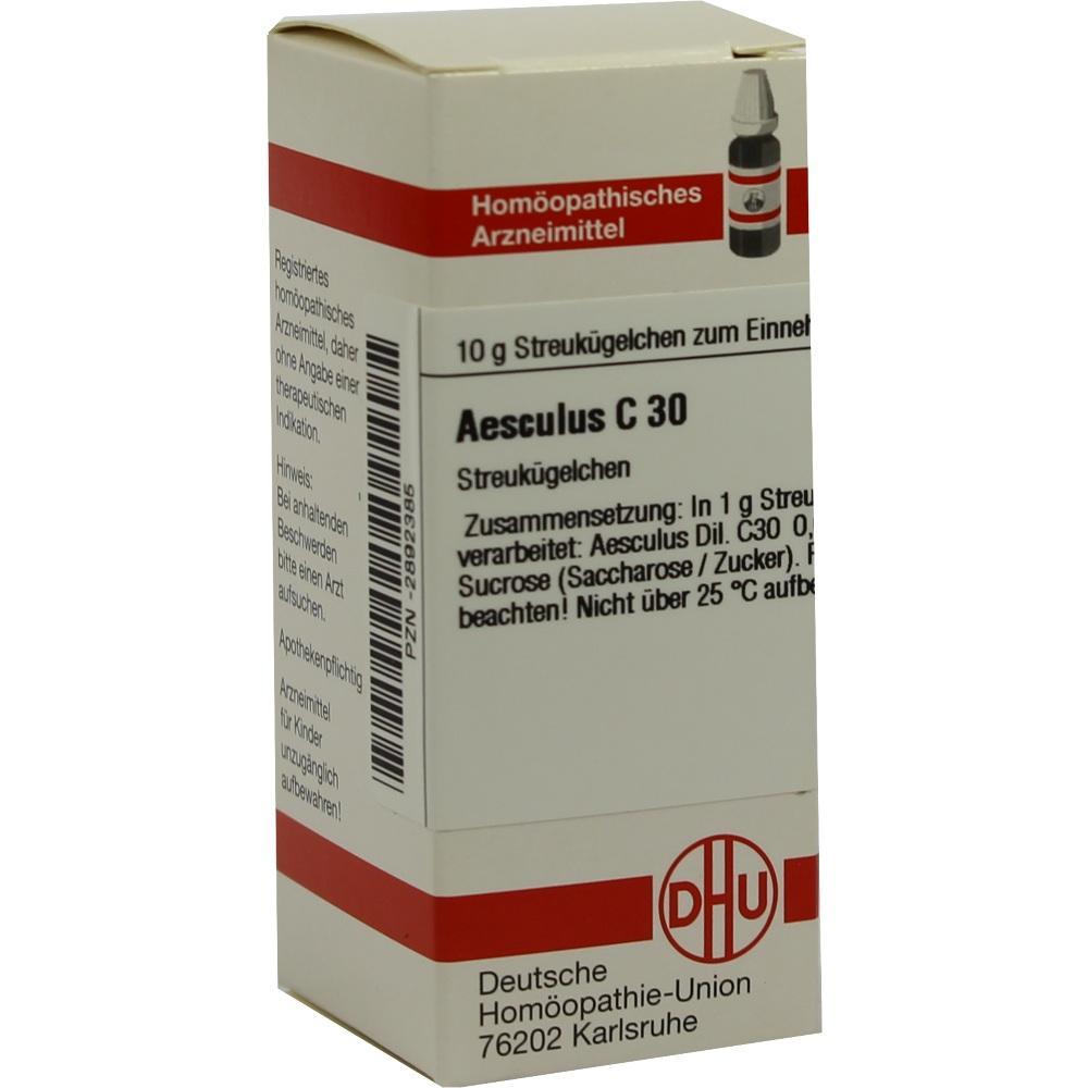 Eine Verpackung von hom&ouml;opathischen Streuk&uuml;gelchen namens Aesculus C 30.