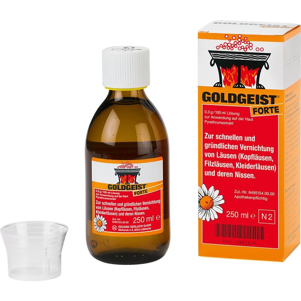 Braune Flasche und Packung von Goldgeist Forte gegen L&auml;use, mit wei&szlig;em Messbecher.