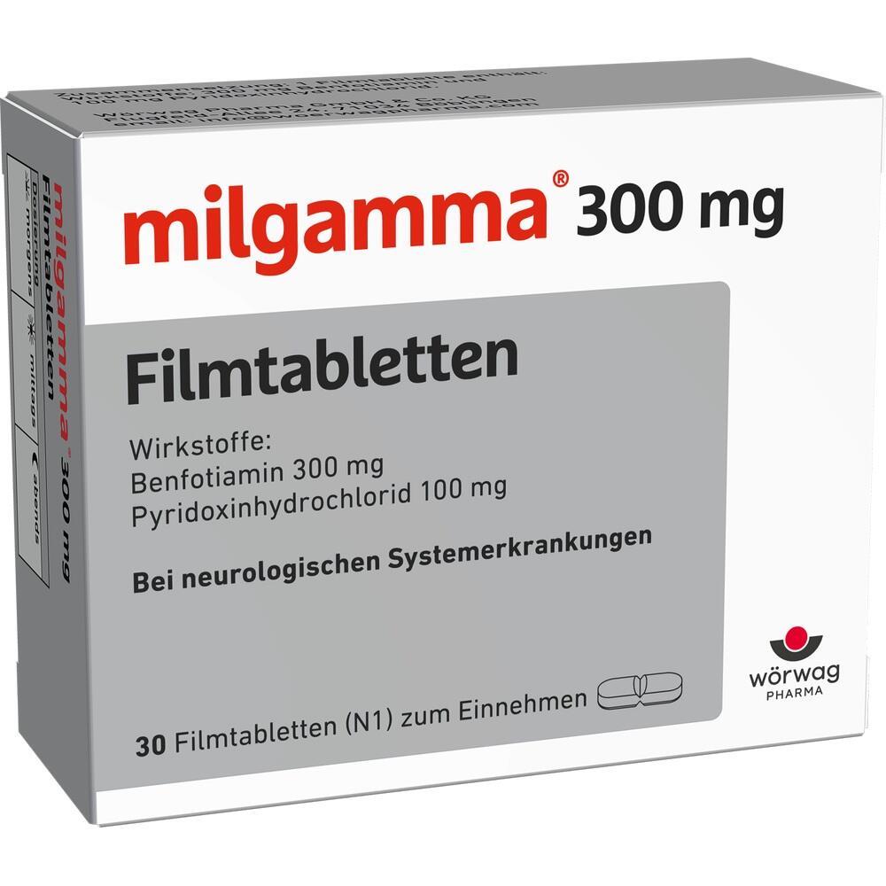 Verpackung von Milgamma Filmtabletten mit 300 mg f&uuml;r neurologische Erkrankungen.