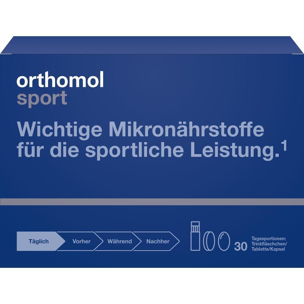 Blaue Packung mit der Aufschrift "Orthomol sport" f&uuml;r sportliche Mikron&auml;hrstoffe.