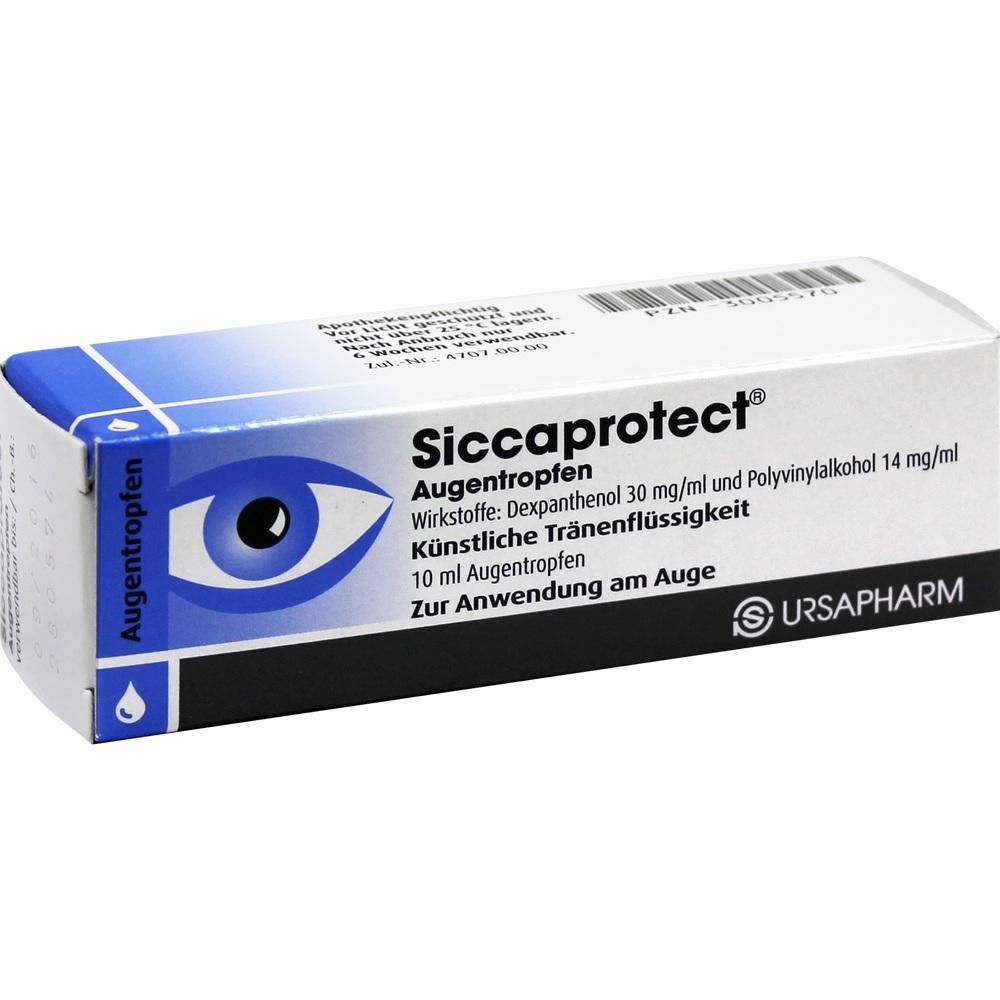 Verpackung von Siccaprotect Augentropfen f&uuml;r trockene Augen.