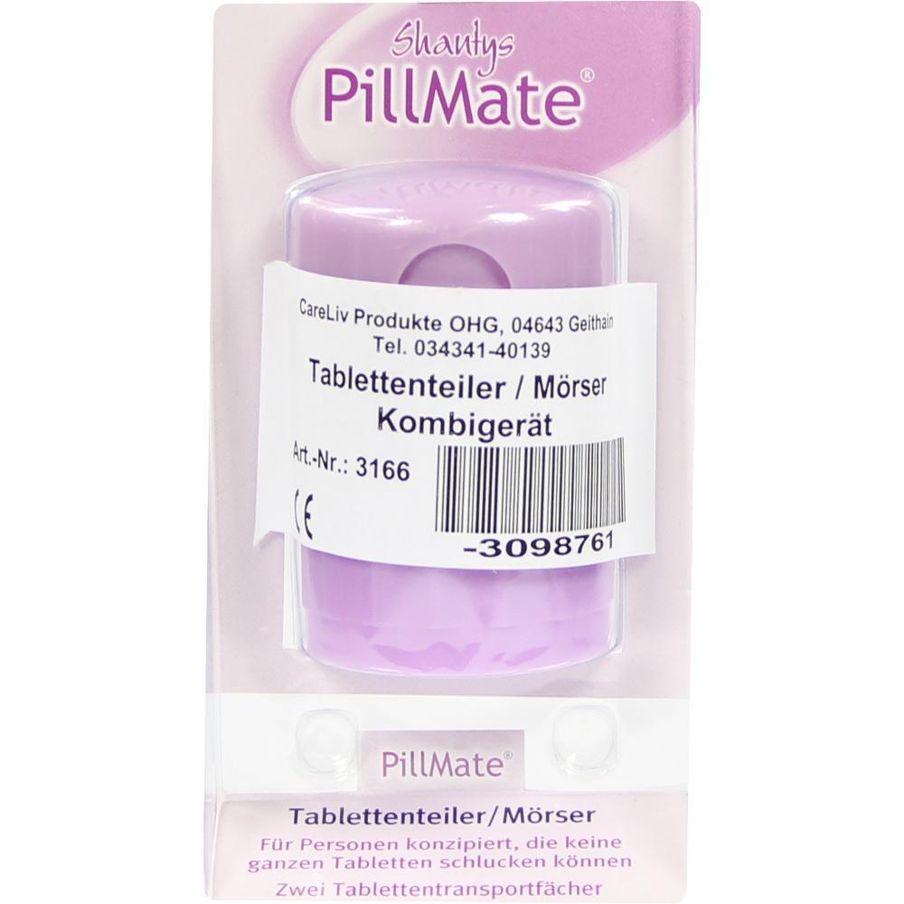 Eine Packung mit einem lila Tablettenteiler und M&ouml;rser, genannt "PillMate".