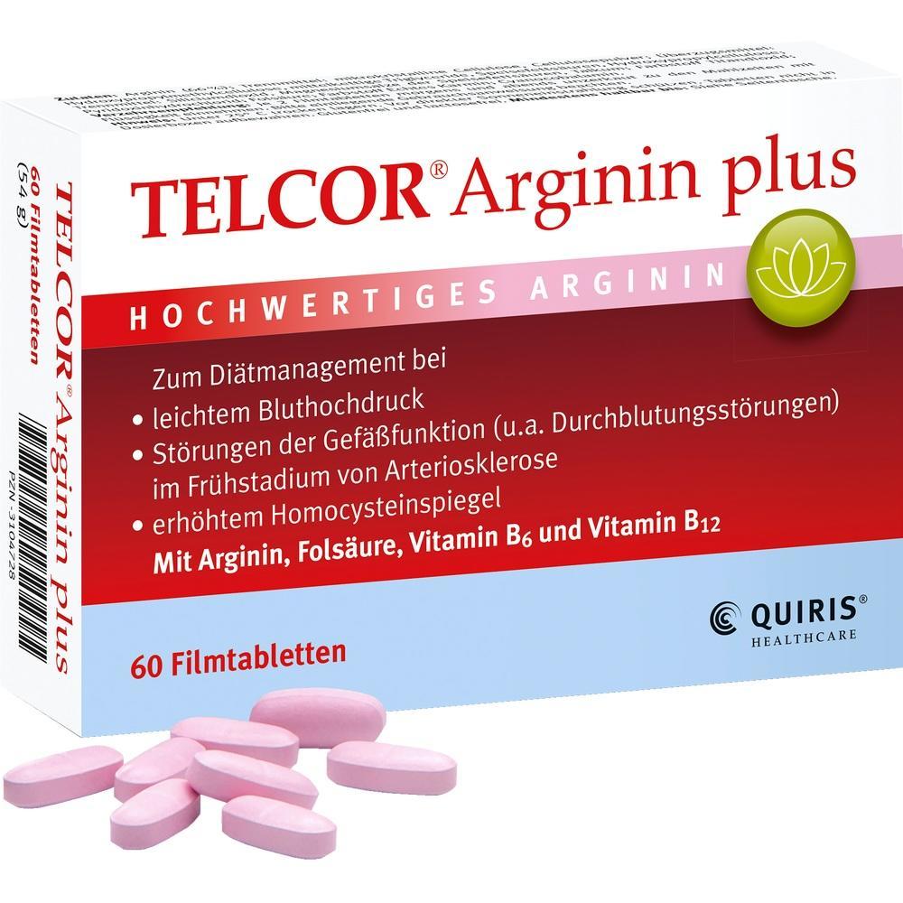 Verpackung von Arginin-Tabletten zur Unterst&uuml;tzung bei Blutdruck und Gef&auml;&szlig;funktionen.