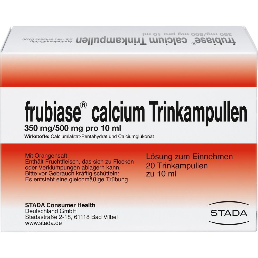 Verpackung f&uuml;r calciumhaltige Trinkampullen mit Orangensaft von der Marke Frubiase.