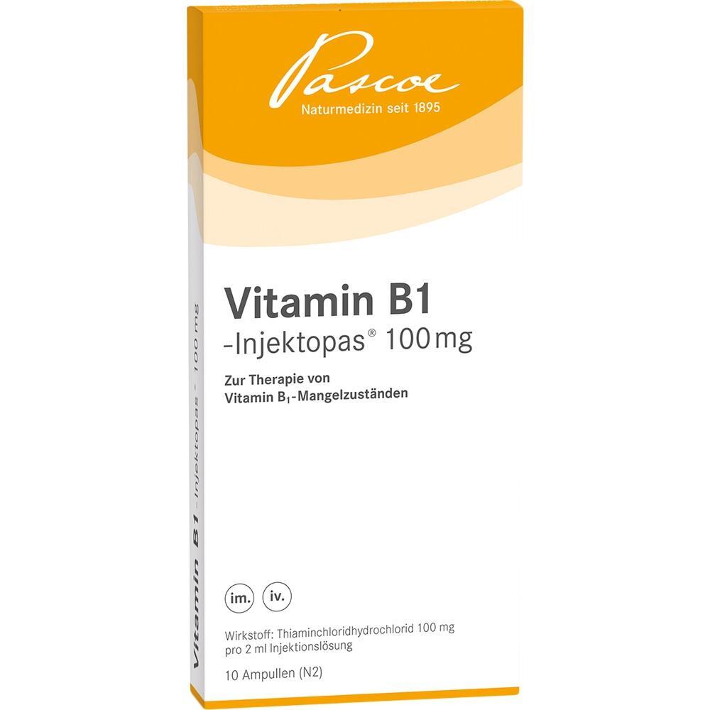 Packung von Vitamin B1 Injektionsl&ouml;sung f&uuml;r Therapie von Vitamin-B1-Mangel.