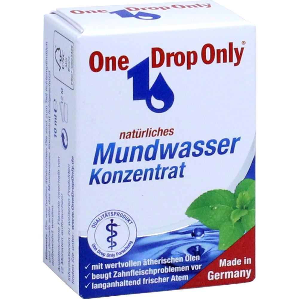 Schachtel f&uuml;r nat&uuml;rliches Mundwasserkonzentrat mit Minzblatt und blauem Wasser.