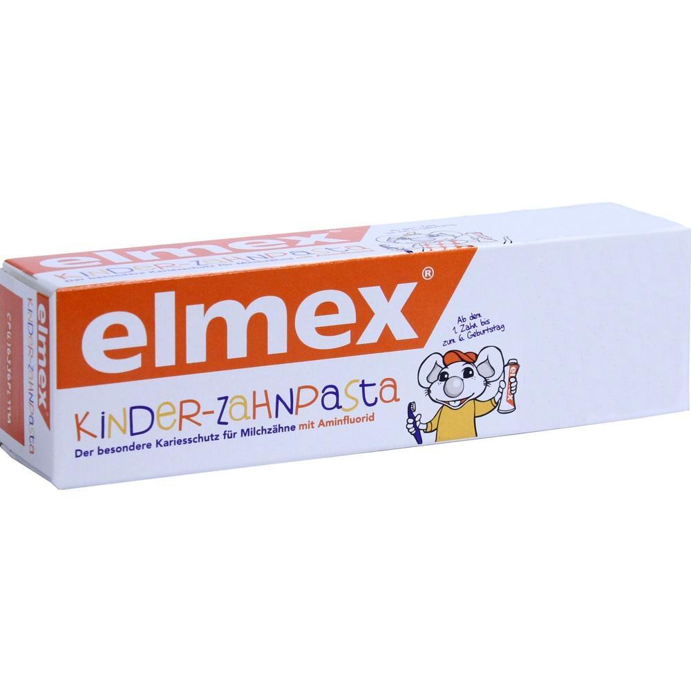 Eine Zahnpasta f&uuml;r Kinder der Marke Elmex in einer orange-wei&szlig;en Verpackung.