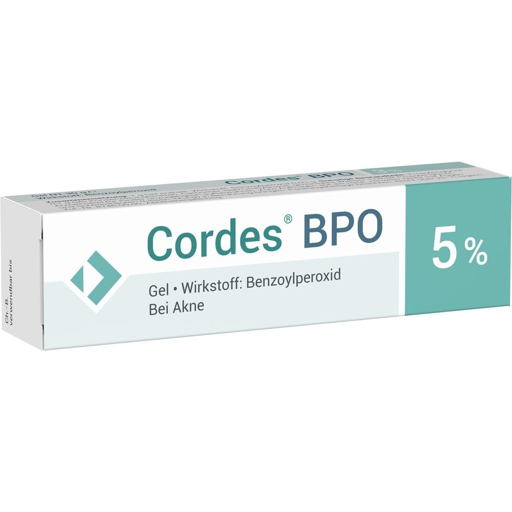 Wei&szlig;e Schachtel mit Akne-Gel, Cordes BPO 5%, Benzoylperoxid.