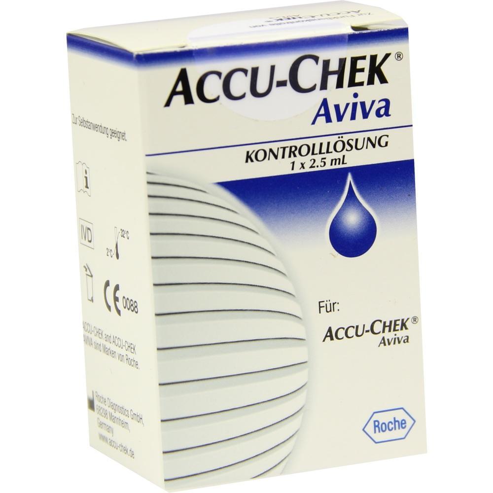 Eine Schachtel f&uuml;r Accu-Chek Aviva Kontrolll&ouml;sung mit blauem Tropfen-Logo.