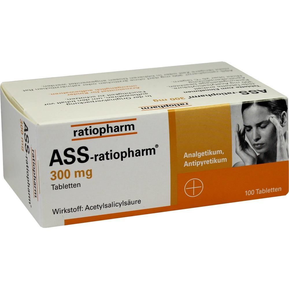 Schachtel mit ASS-ratiopharm Schmerztabletten, 300 mg, 100 St&uuml;ck.