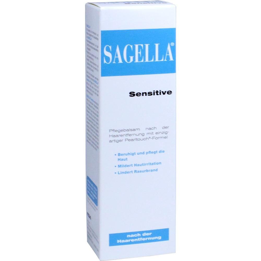 Eine wei&szlig;-blaue Verpackung mit der Aufschrift "Sagella Sensitive".