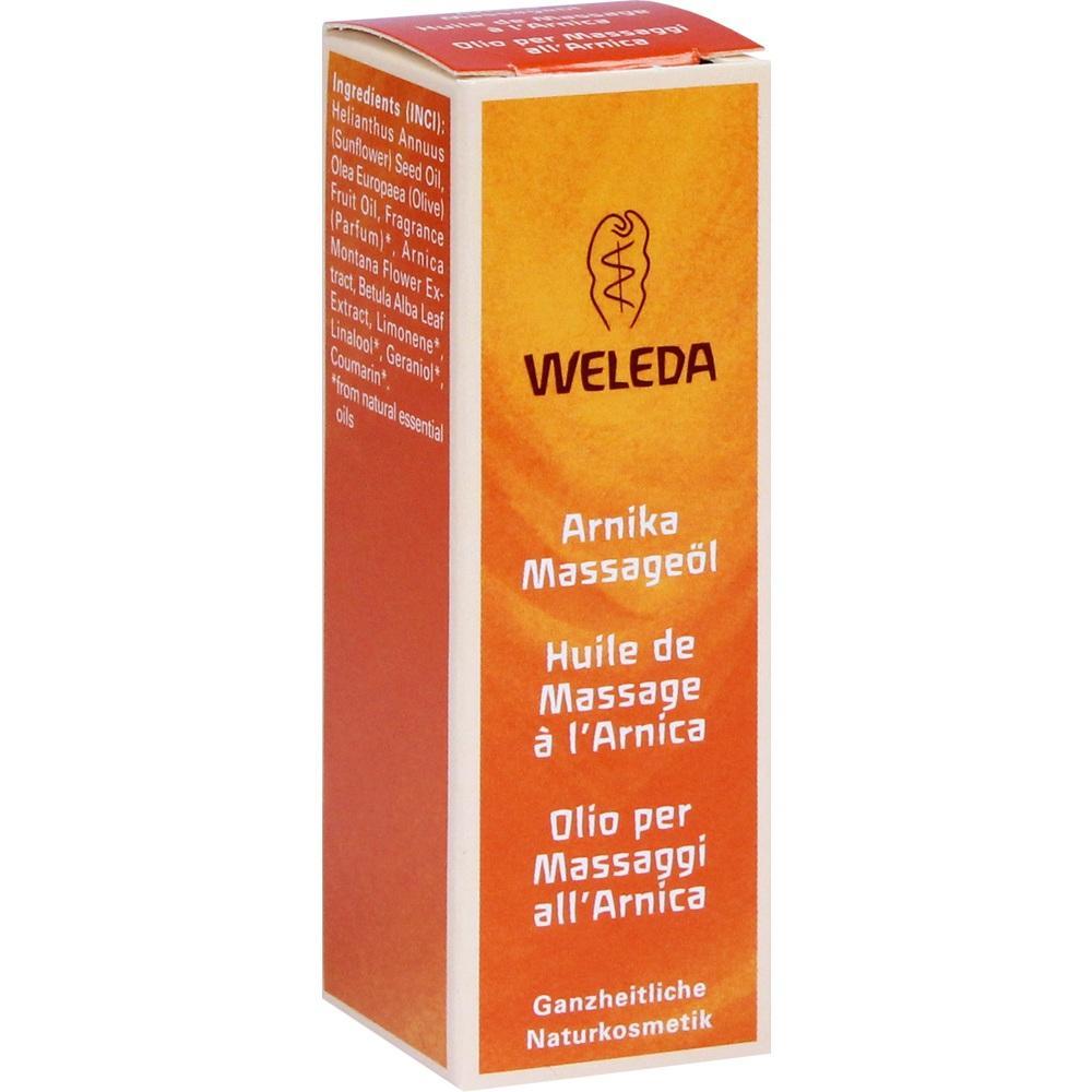 Eine orange Schachtel mit der Aufschrift "Weleda Arnika Massageöl".