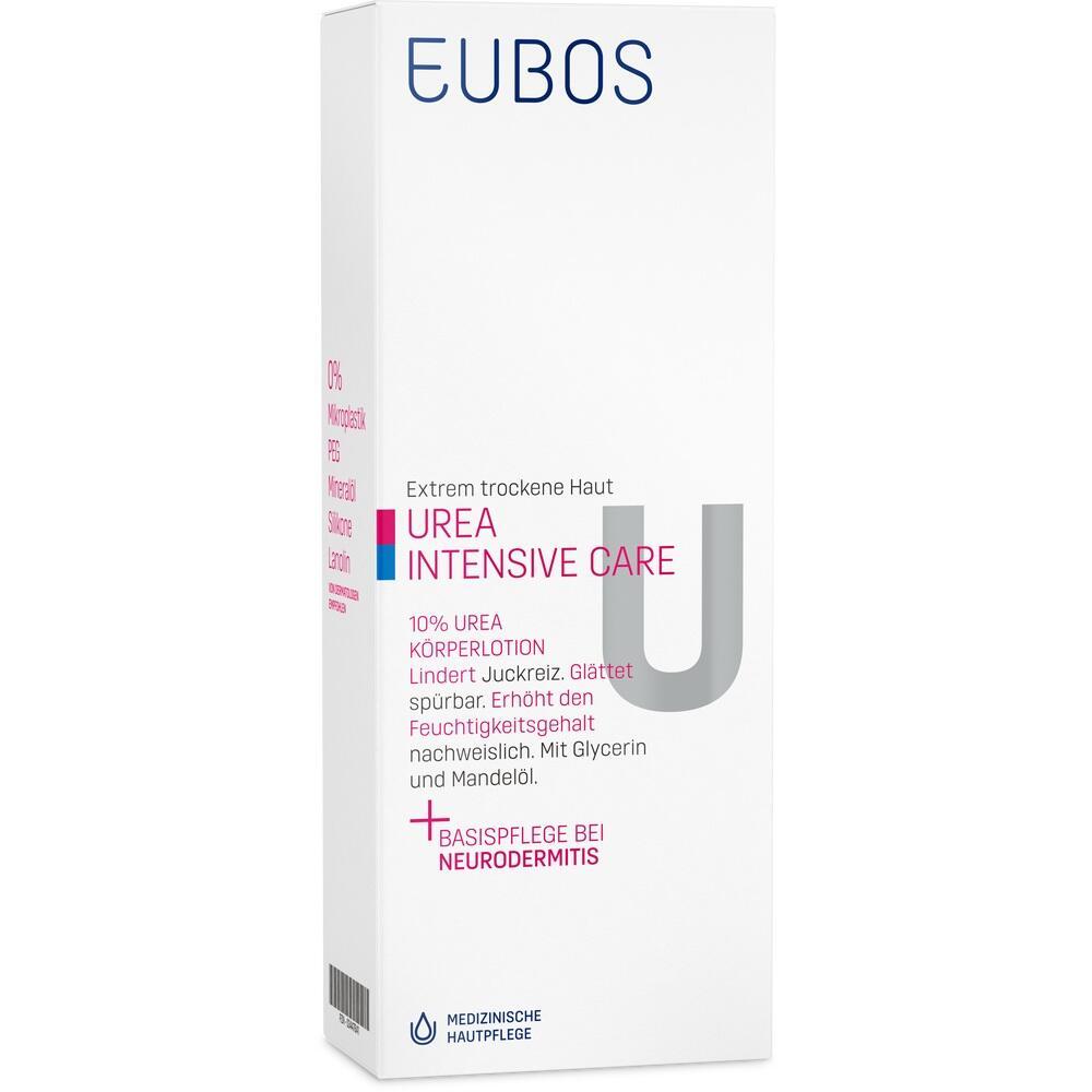 Wei&szlig;e EUBOS Urea Intensive Care Packung f&uuml;r trockene Haut mit rotem und blauem Text.