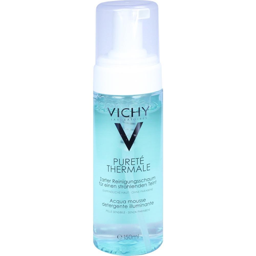 Eine blaue Flasche mit Schaumspender, auf der "Vichy Puret&eacute; Thermale" steht.