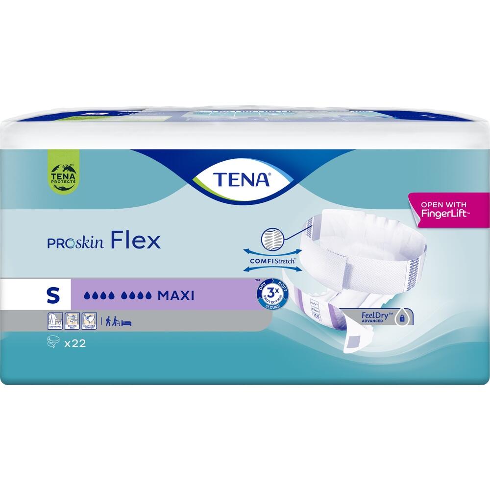 Verpackung von TENA ProSkin Flex Windeln in Gr&ouml;&szlig;e S mit Abbildung des Produkts.