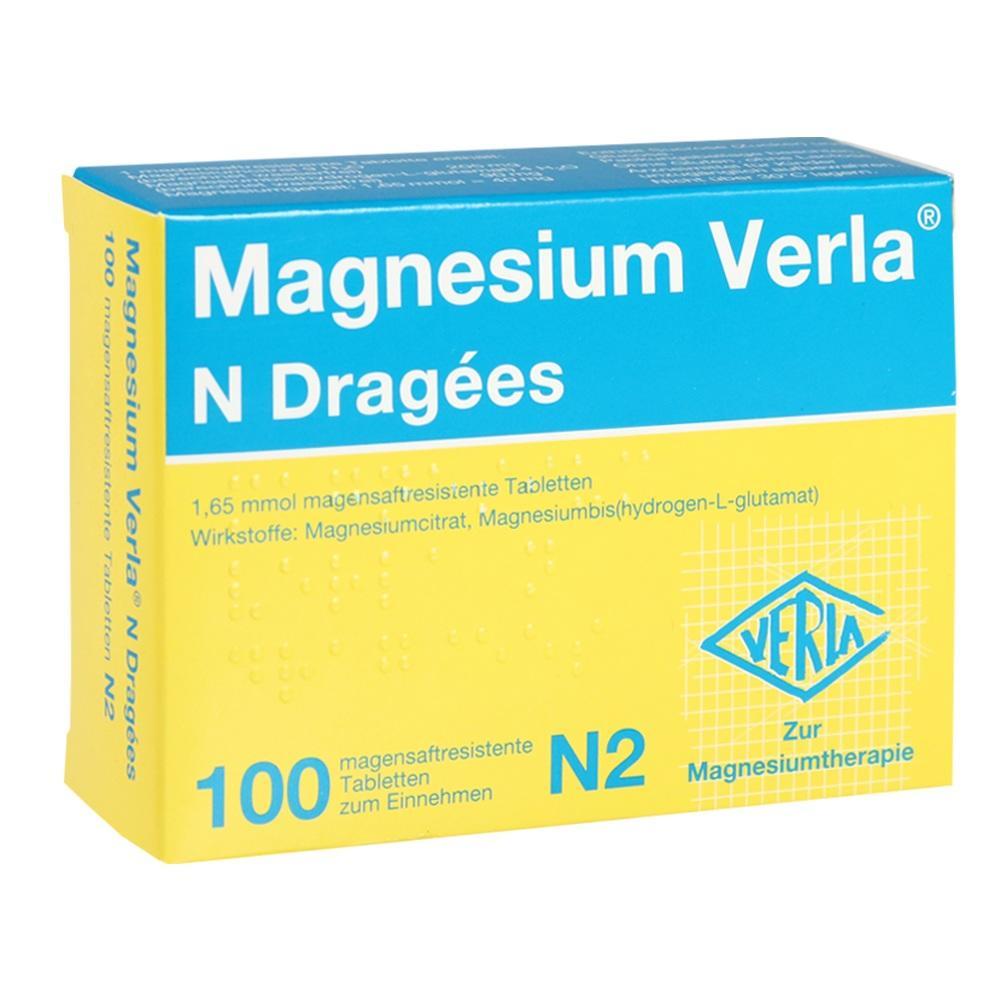 Gelbe und blaue Packung mit Magnesium-Tabletten von Verla.