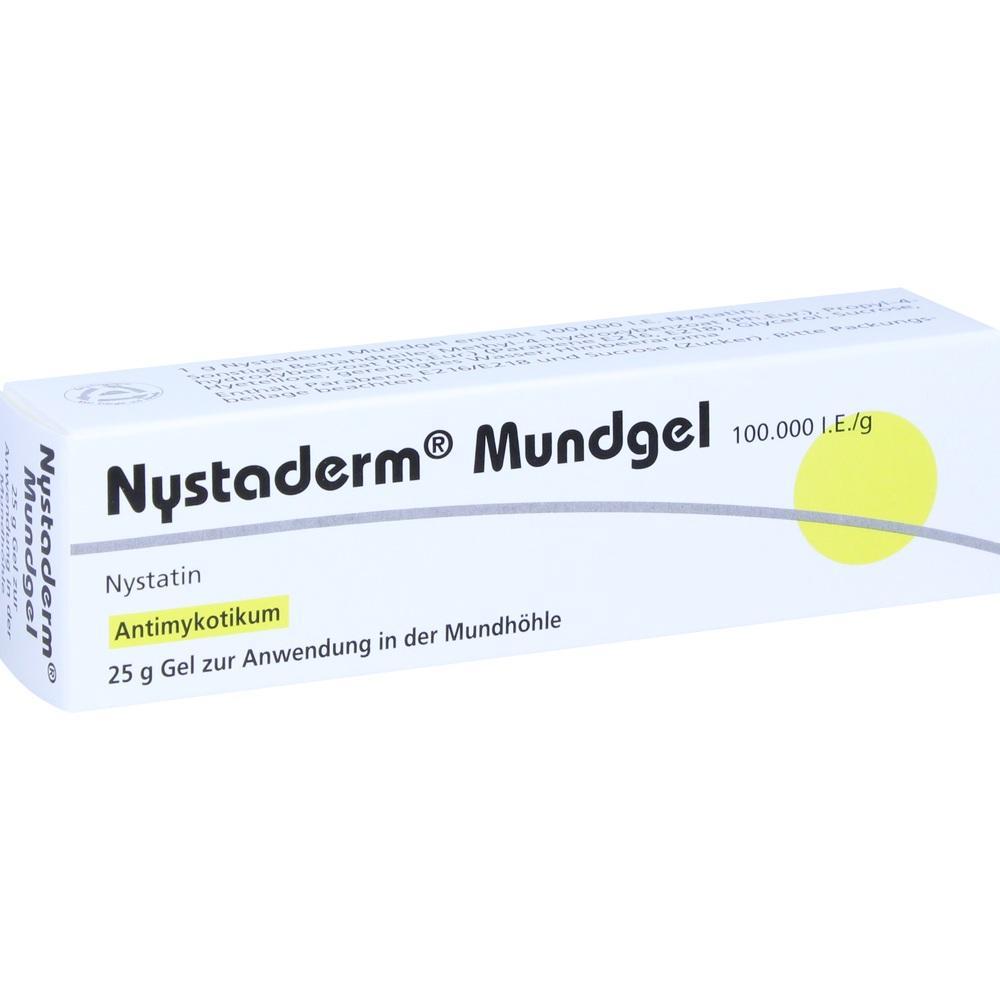 Verpackung von Nystaderm Mundgel, ein Antimykotikum gegen Pilze im Mund.