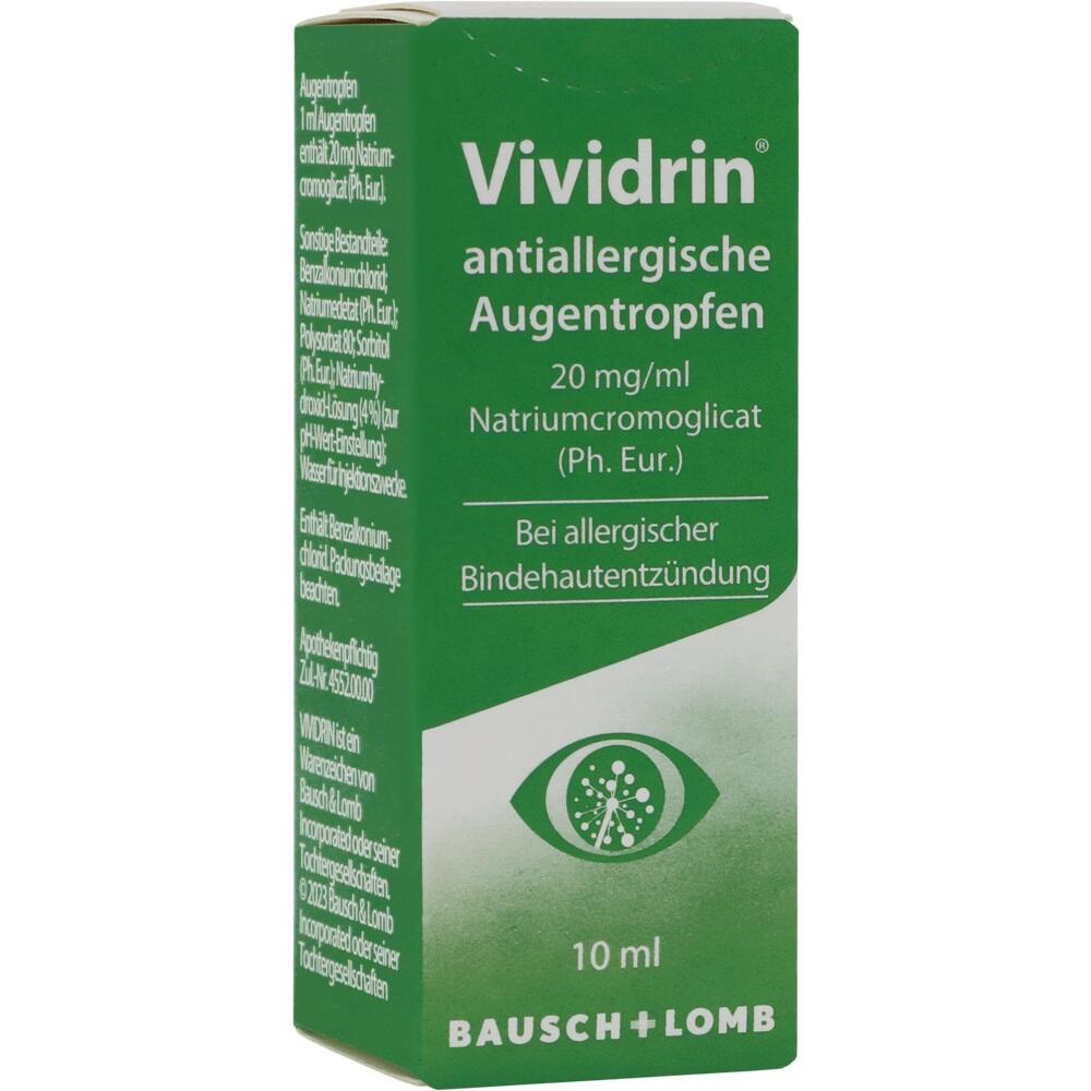 Gr&uuml;ne Verpackung von antiallergischen Augentropfen mit Text.