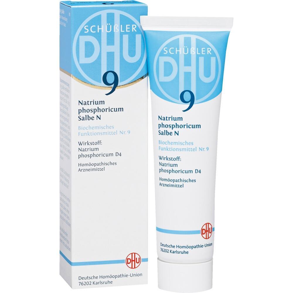 Eine Tube und Schachtel mit der Aufschrift &bdquo;Natrium phosphoricum Salbe N&ldquo;.