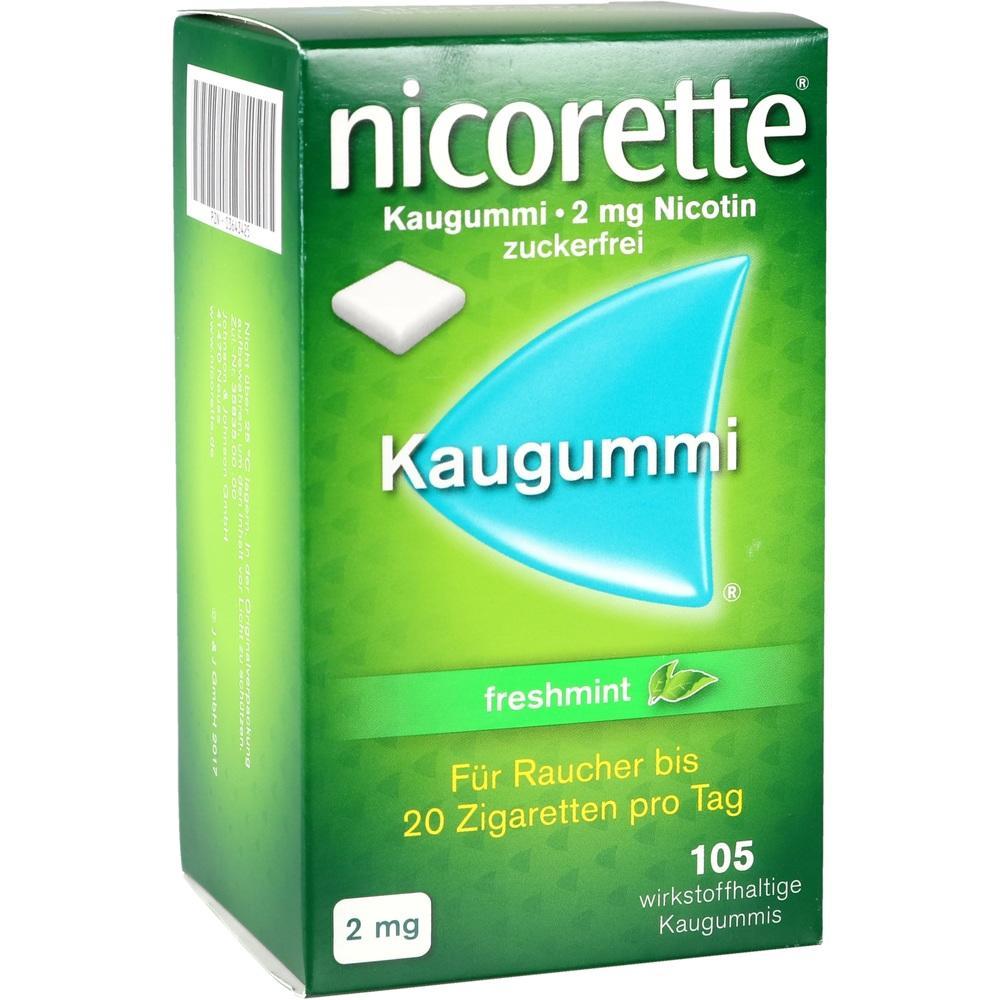 Gr&uuml;ne Packung Nicorette Kaugummis mit 2 mg Nikotin pro St&uuml;ck.