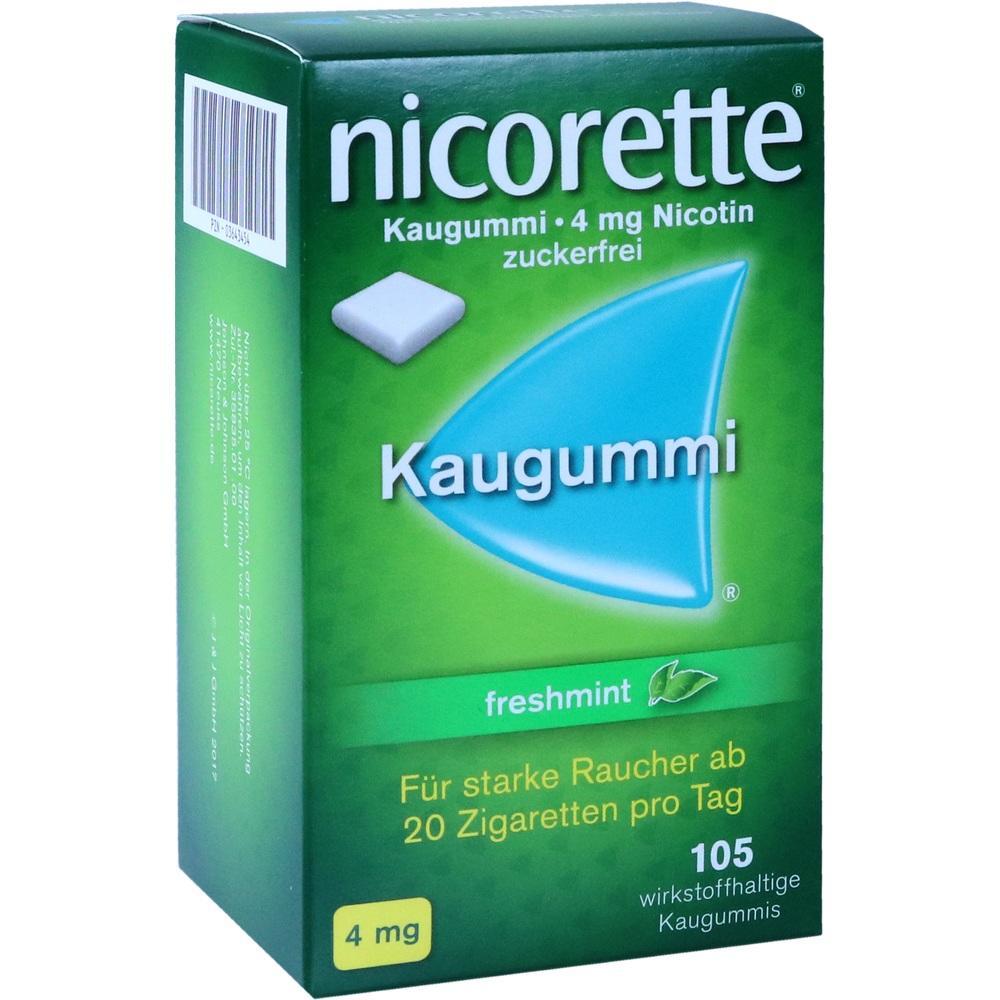 Gr&uuml;ne Packung von Nicorette Kaugummi mit Freshmint-Geschmack, 4 mg Nikotin.