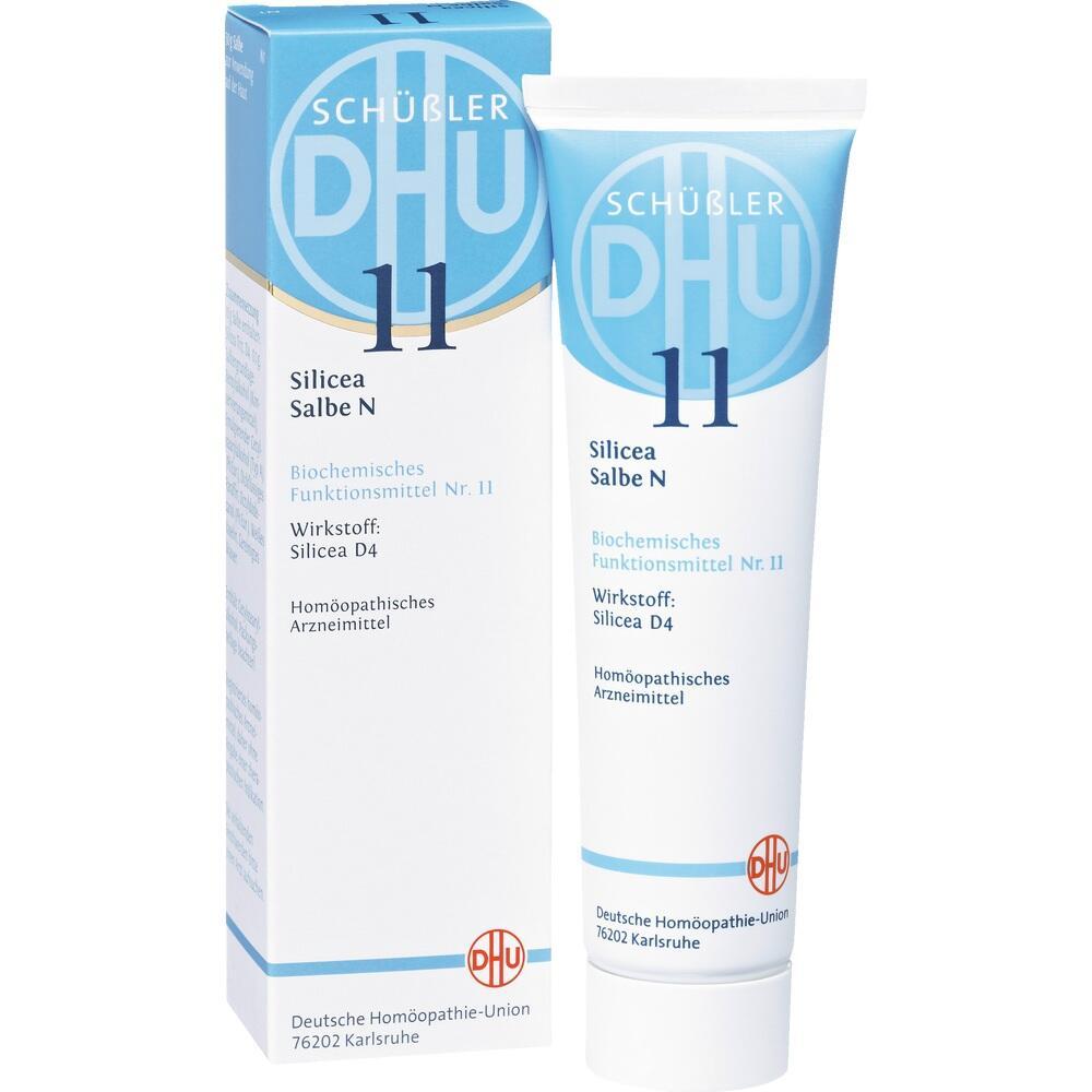 Eine Tube und Schachtel mit der Aufschrift "Sch&uuml;&szlig;ler 11 Silicea Salbe N".