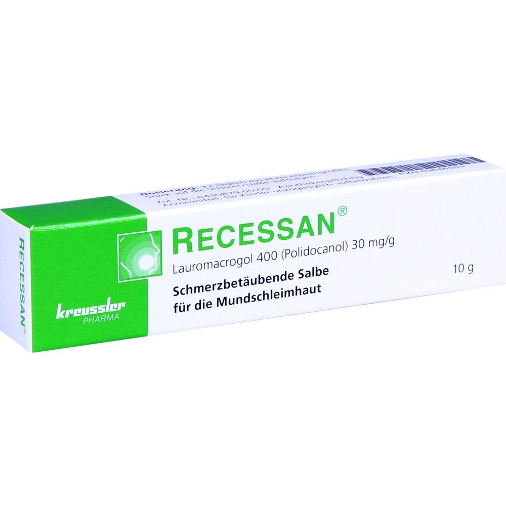 Eine gr&uuml;ne und wei&szlig;e Salbenverpackung mit der Aufschrift "Recessan".