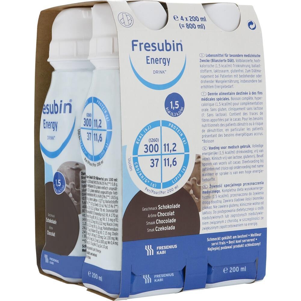 Vier Flaschen Fresubin Energy Schokoladengeschmack zur medizinischen Ern&auml;hrung.