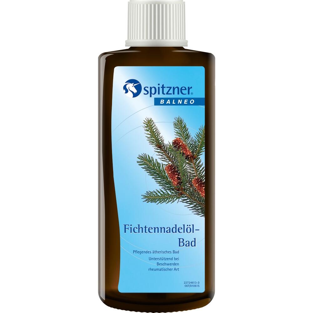 Braune Flasche mit Fichtennadel&ouml;l-Bad und Bild von Tannenzweigen auf dem Etikett.