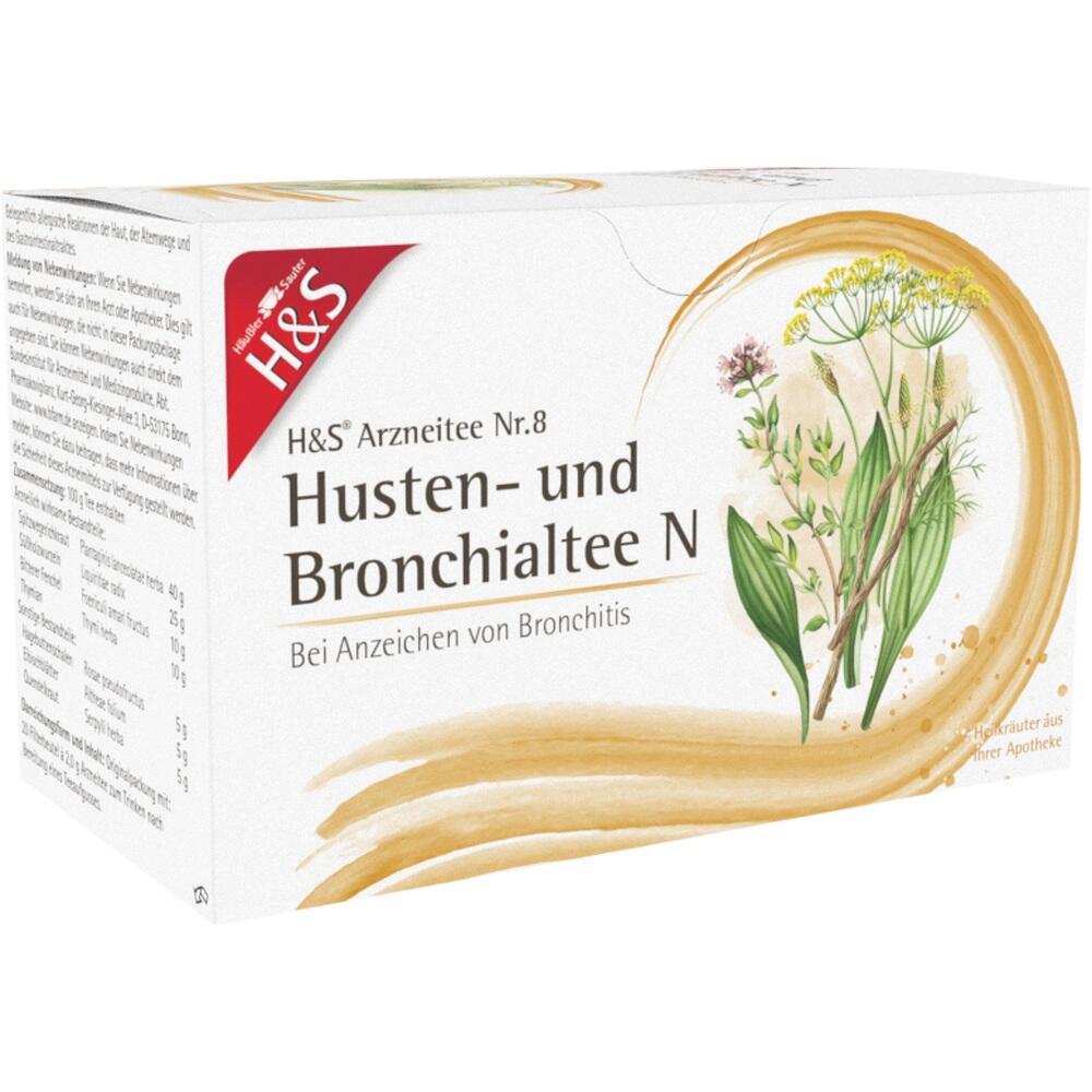 Packung von H&S Husten- und Bronchialtee mit Abbildung von Kr&auml;utern.