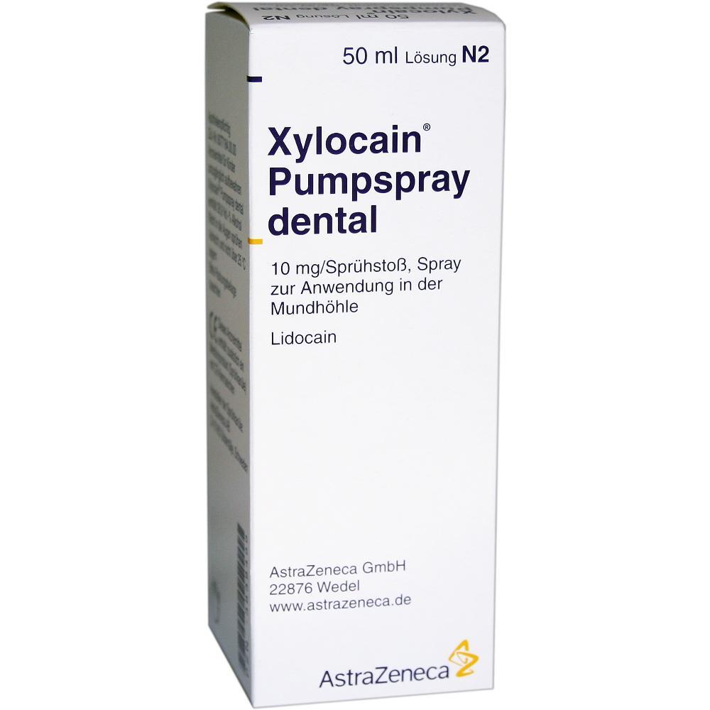 Eine Verpackung von Xylocain Pumpspray dental zur Anwendung in der Mundh&ouml;hle.