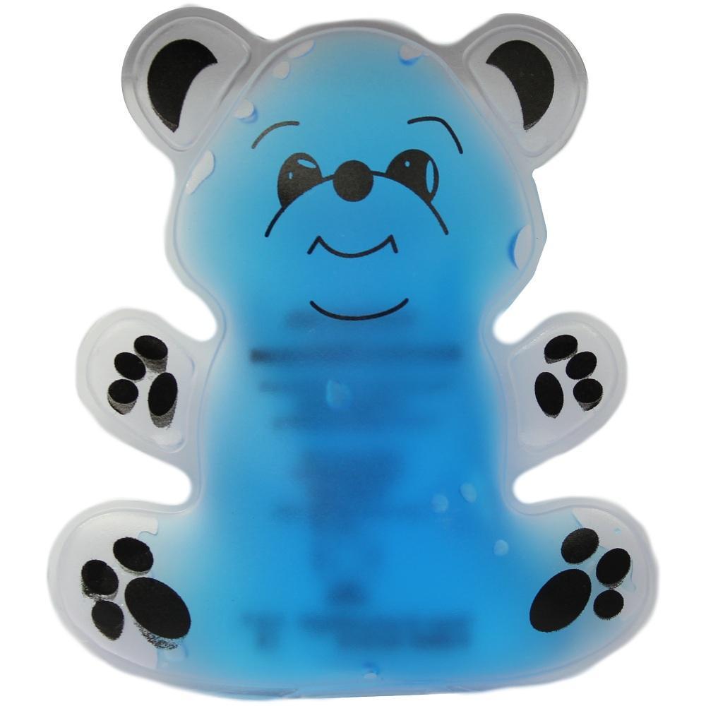 Ein blaues Wärmekissen in Form eines lächelnden Bären.