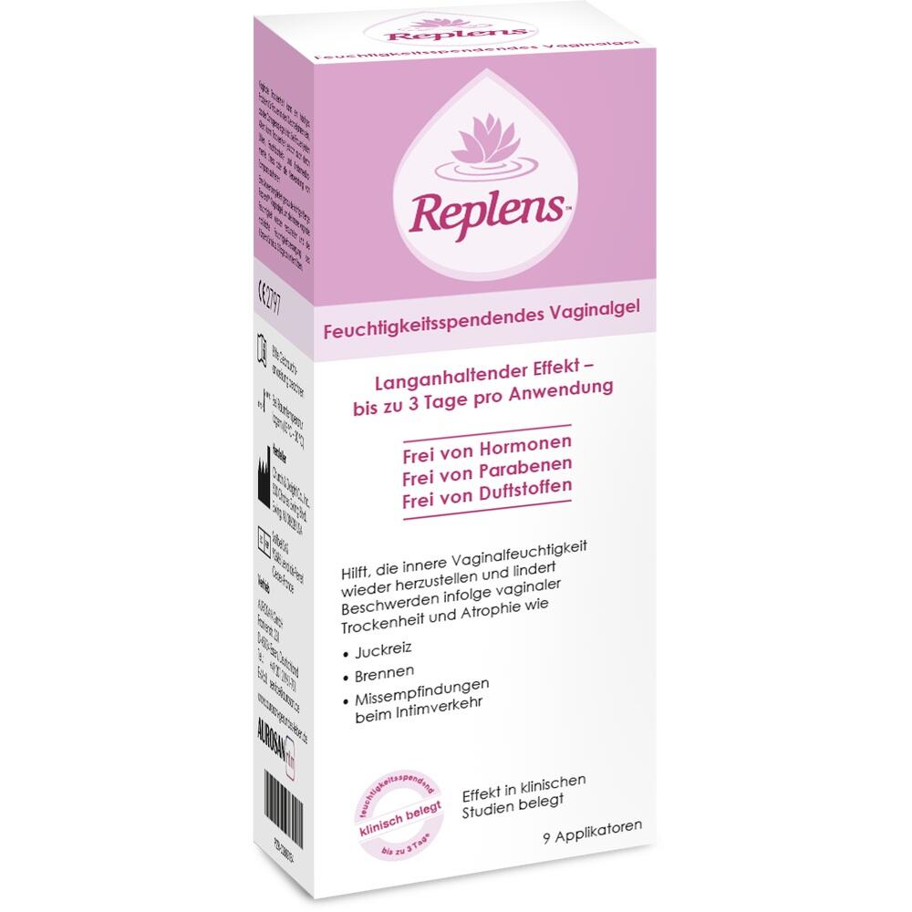 Eine Verpackung von Replens Vaginalgel mit feuchtigkeitsspendendem Effekt.