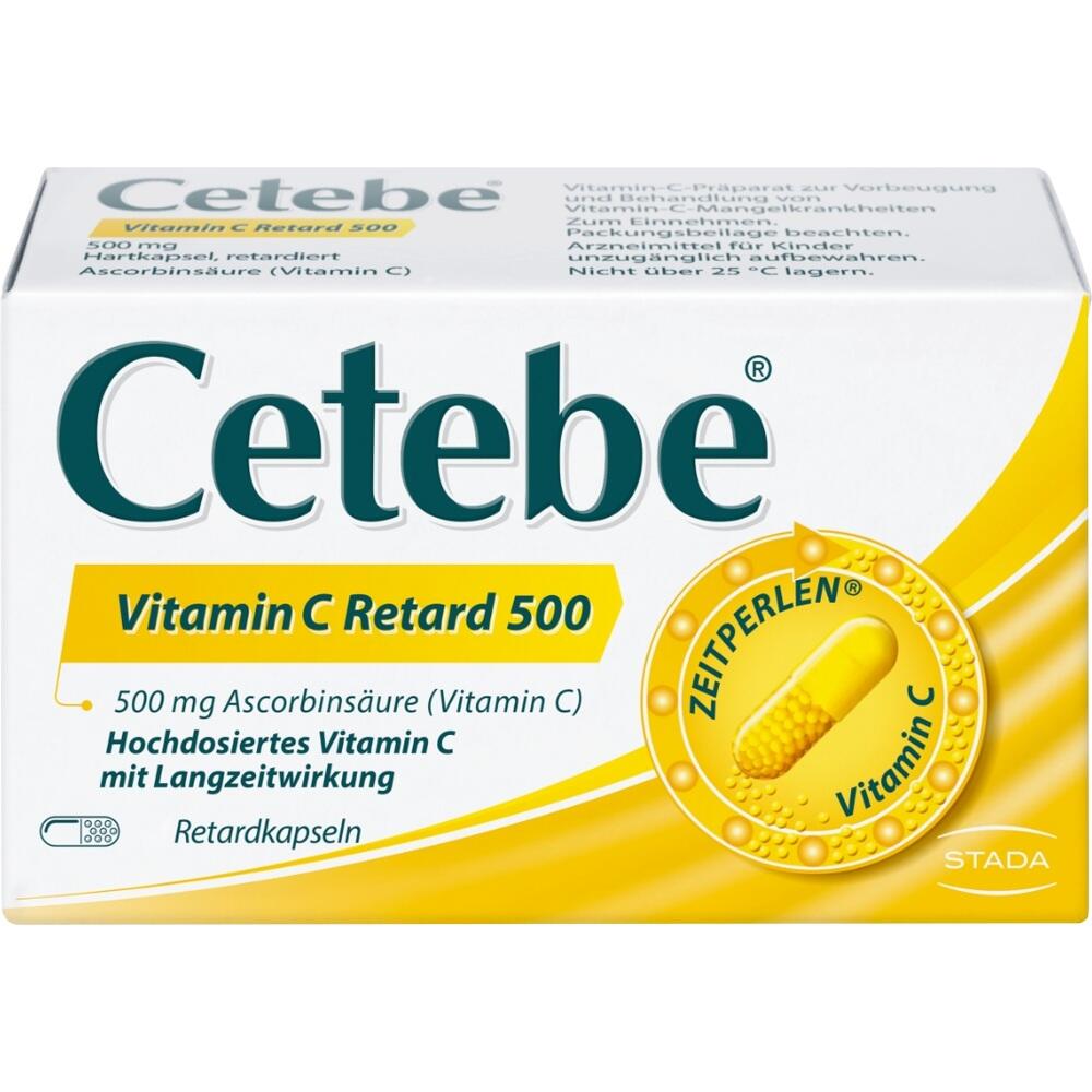 Eine Packung Vitamin C Retard 500 mg Kapseln von Cetebe.