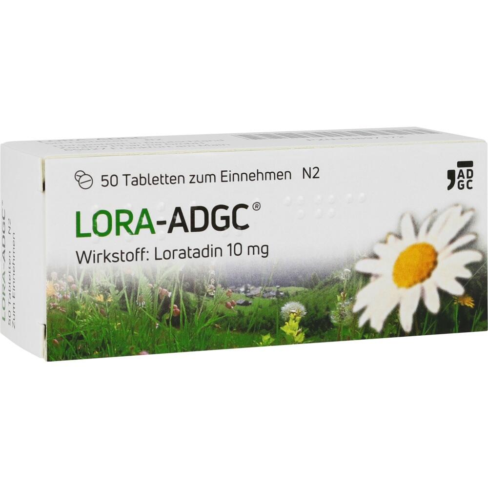 Wei&szlig;e Tablettenpackung mit einer gro&szlig;en Blume und der Aufschrift "LORA-ADGC".