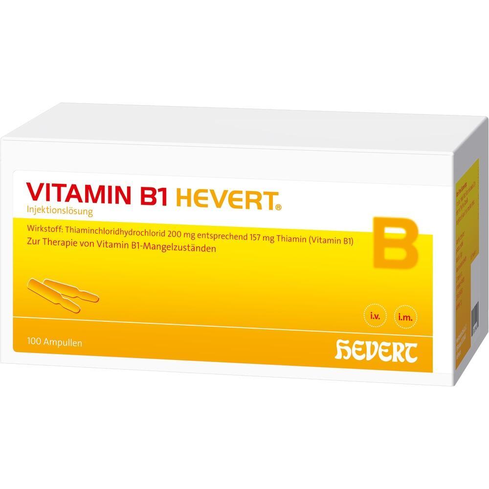 Gelbe Verpackung von Vitamin B1-Hevert mit Injektionsl&ouml;sung zur Behandlung von Vitamin B1-Mangel.